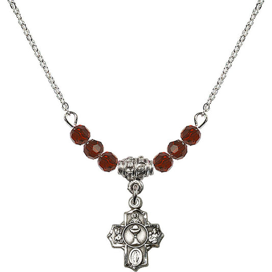Sterling Silver Communion 5-Way Birthstone Necklace with Garnet Beads - 0890