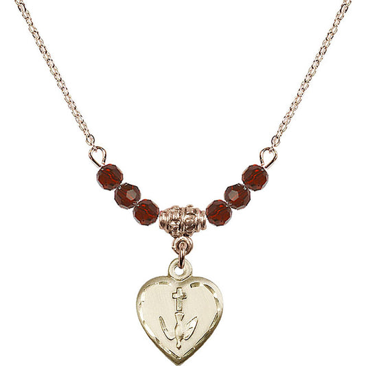 14kt Gold Filled Heart / Confirmation Birthstone Necklace with Garnet Beads - 0891