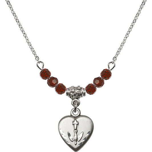 Sterling Silver Heart / Confirmation Birthstone Necklace with Garnet Beads - 0891
