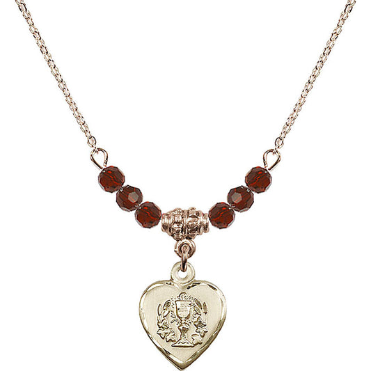14kt Gold Filled Heart / Communion Birthstone Necklace with Garnet Beads - 0892