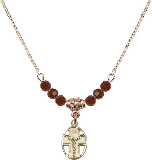 14kt Gold Filled Crucifix Birthstone Necklace with Garnet Beads - 0978