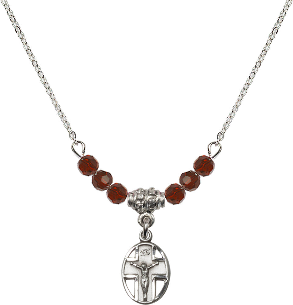 Sterling Silver Crucifix Birthstone Necklace with Garnet Beads - 0978