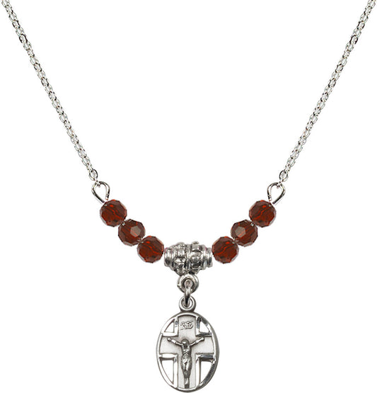 Sterling Silver Crucifix Birthstone Necklace with Garnet Beads - 0978