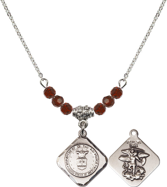 Sterling Silver Air Force Diamond Birthstone Necklace with Garnet Beads - 1180