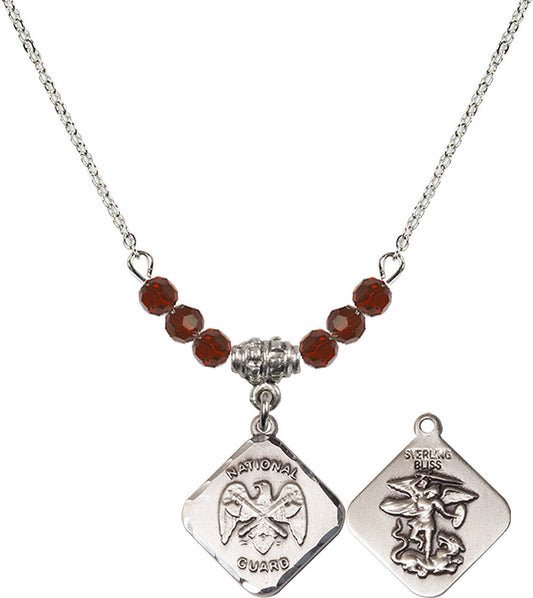 Sterling Silver Nat'l Guard Diamond Birthstone Necklace with Garnet Beads - 1180
