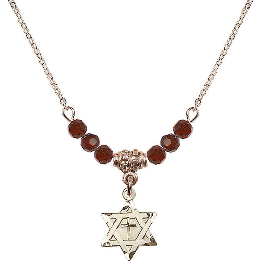14kt Gold Filled Star of David w/ Cross Birthstone Necklace with Garnet Beads - 1211