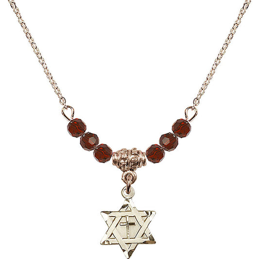 14kt Gold Filled Star of David w/ Cross Birthstone Necklace with Garnet Beads - 1211