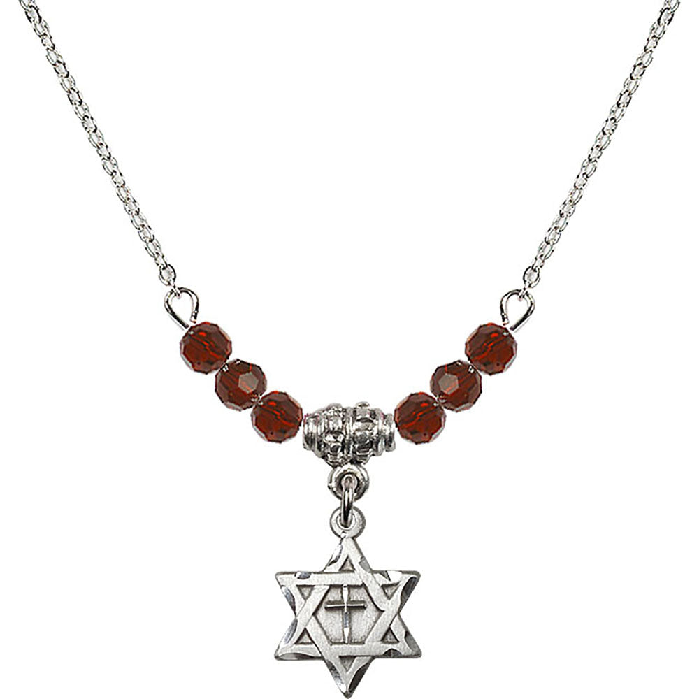 Sterling Silver Star of David w/ Cross Birthstone Necklace with Garnet Beads - 1211