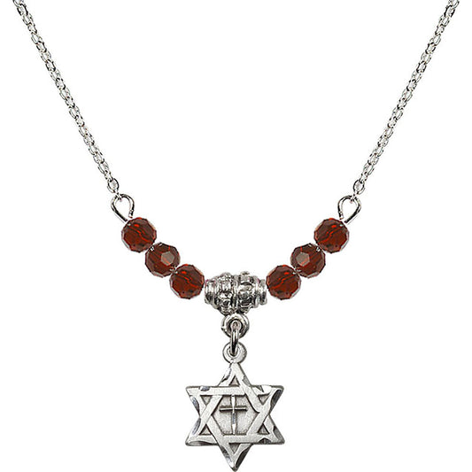 Sterling Silver Star of David w/ Cross Birthstone Necklace with Garnet Beads - 1211