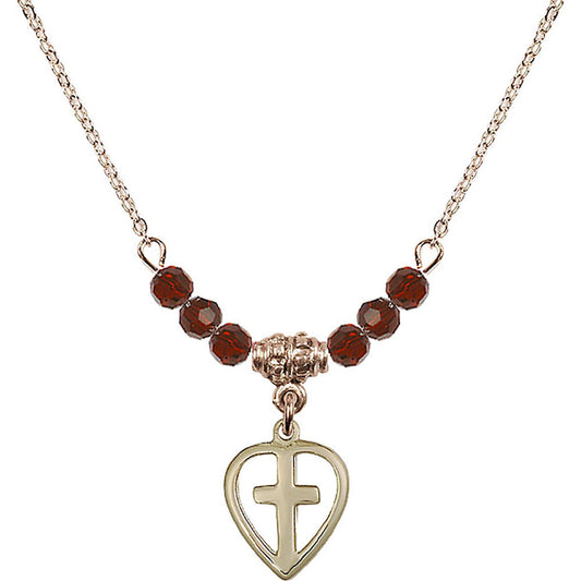 14kt Gold Filled Heart / Cross Birthstone Necklace with Garnet Beads - 1709