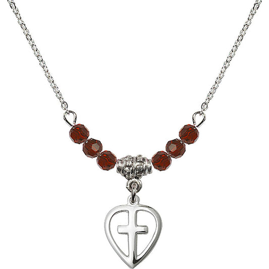Sterling Silver Heart / Cross Birthstone Necklace with Garnet Beads - 1709