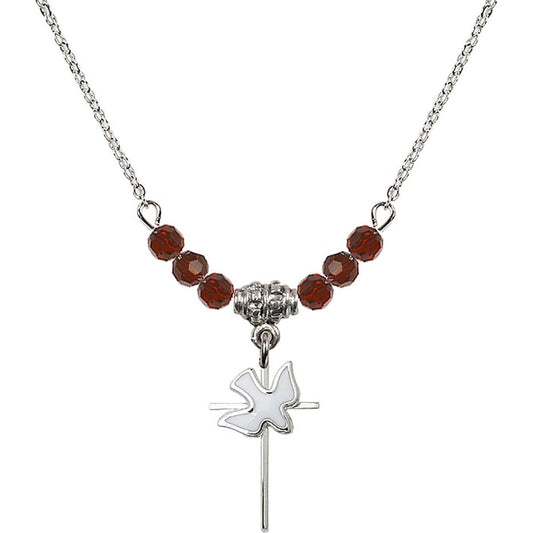Sterling Silver Cross / Holy Spirit Birthstone Necklace with Garnet Beads - 1812
