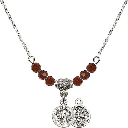 Sterling Silver Saint Benedict Birthstone Necklace with Garnet Beads - 2341
