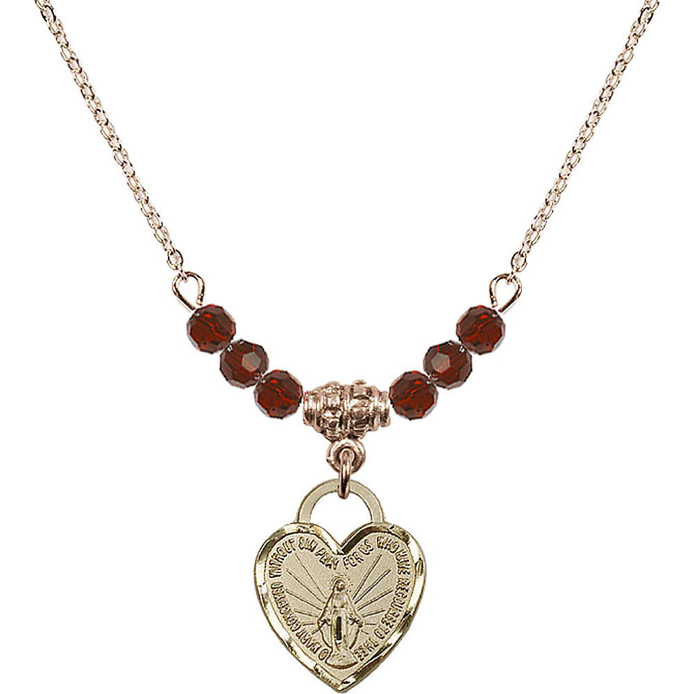 14kt Gold Filled Miraculous Heart Birthstone Necklace with Garnet Beads - 3401