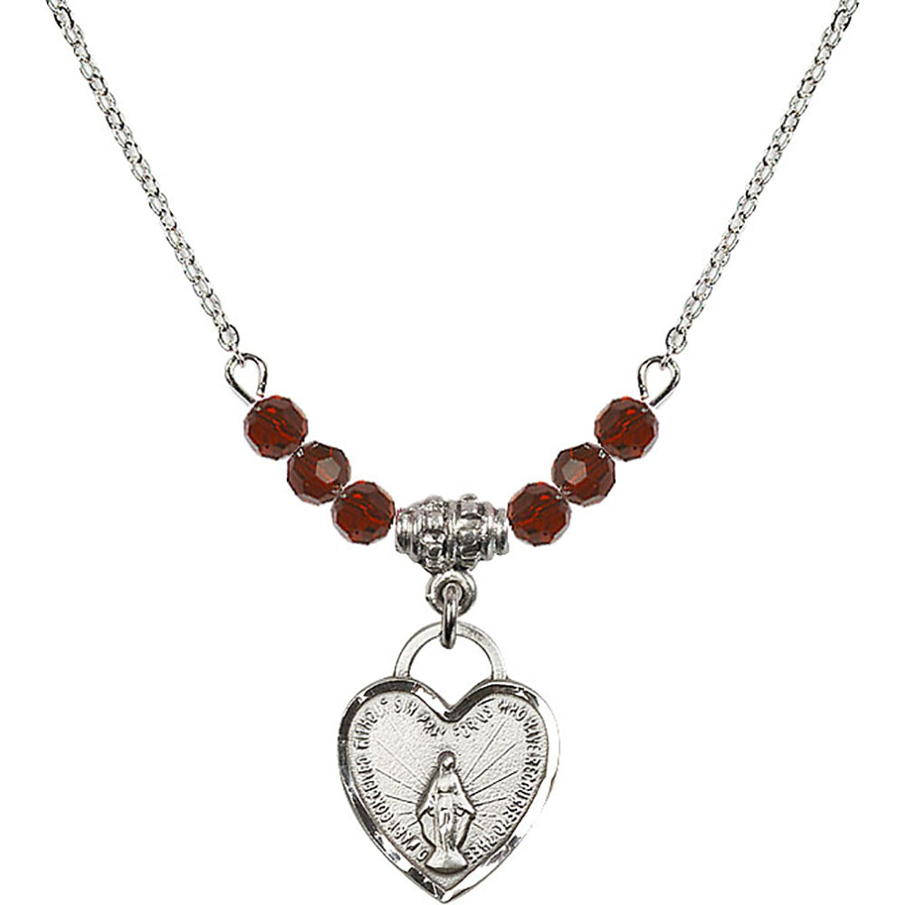 Sterling Silver Miraculous Heart Birthstone Necklace with Garnet Beads - 3401