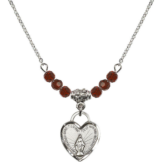 Sterling Silver Miraculous Heart Birthstone Necklace with Garnet Beads - 3401
