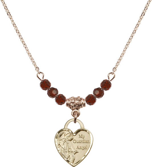 14kt Gold Filled Guardian Angel Heart Birthstone Necklace with Garnet Beads - 3402