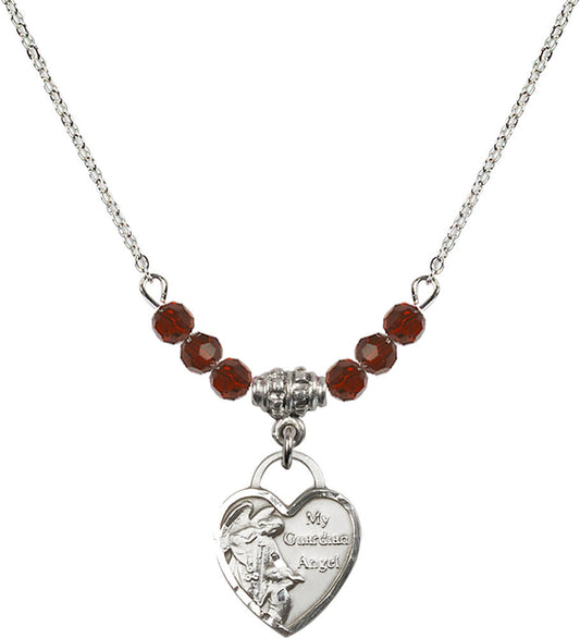 Sterling Silver Guardian Angel Heart Birthstone Necklace with Garnet Beads - 3402