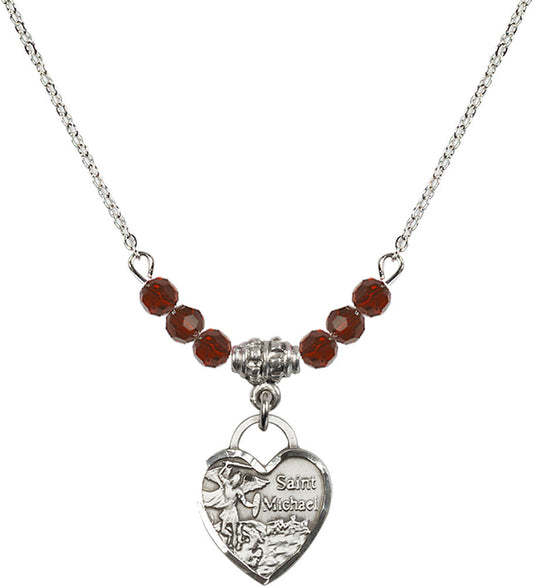Sterling Silver Saint Michael Heart Birthstone Necklace with Garnet Beads - 3403