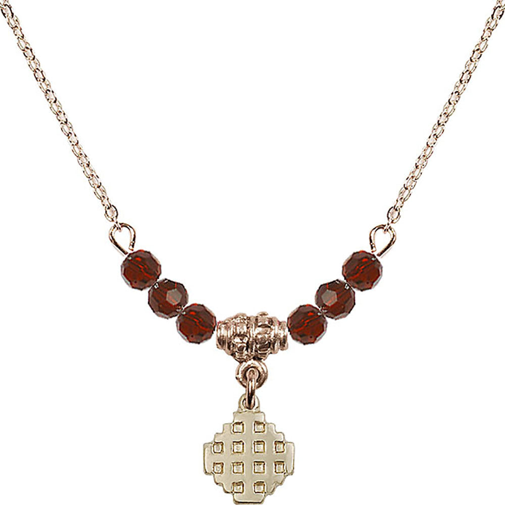 14kt Gold Filled Jerusalem Cross Birthstone Necklace with Garnet Beads - 4118
