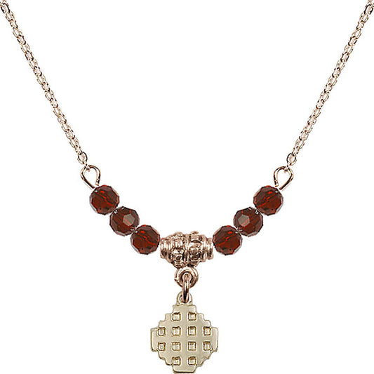 14kt Gold Filled Jerusalem Cross Birthstone Necklace with Garnet Beads - 4118