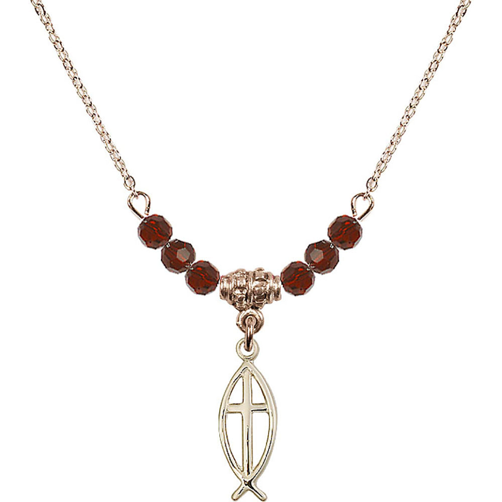 14kt Gold Filled Fish / Cross Birthstone Necklace with Garnet Beads - 4251