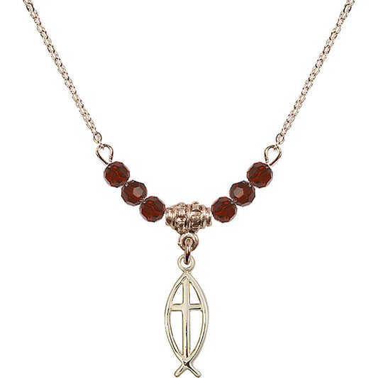 14kt Gold Filled Fish / Cross Birthstone Necklace with Garnet Beads - 4251