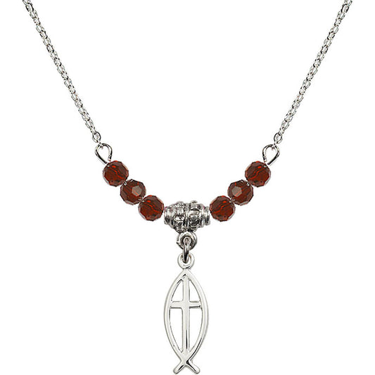 Sterling Silver Fish / Cross Birthstone Necklace with Garnet Beads - 4251