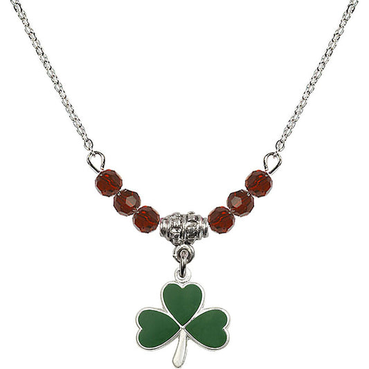 Sterling Silver Shamrock Birthstone Necklace with Garnet Beads - 5243