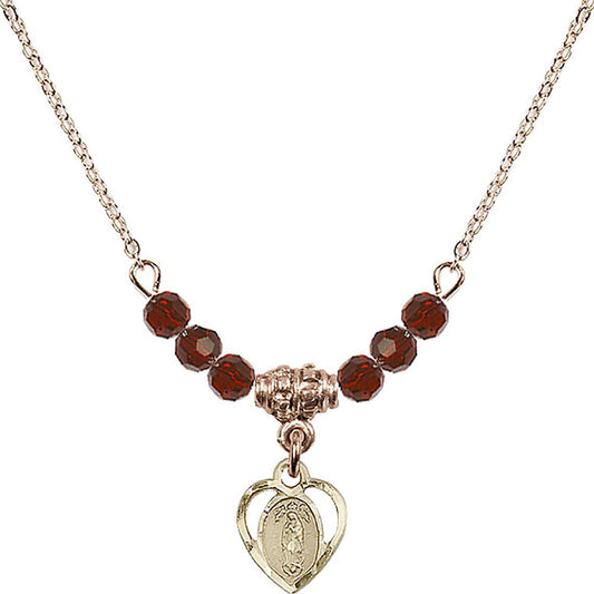 14kt Gold Filled Our Lady of Guadalupe Birthstone Necklace with Garnet Beads - 5422