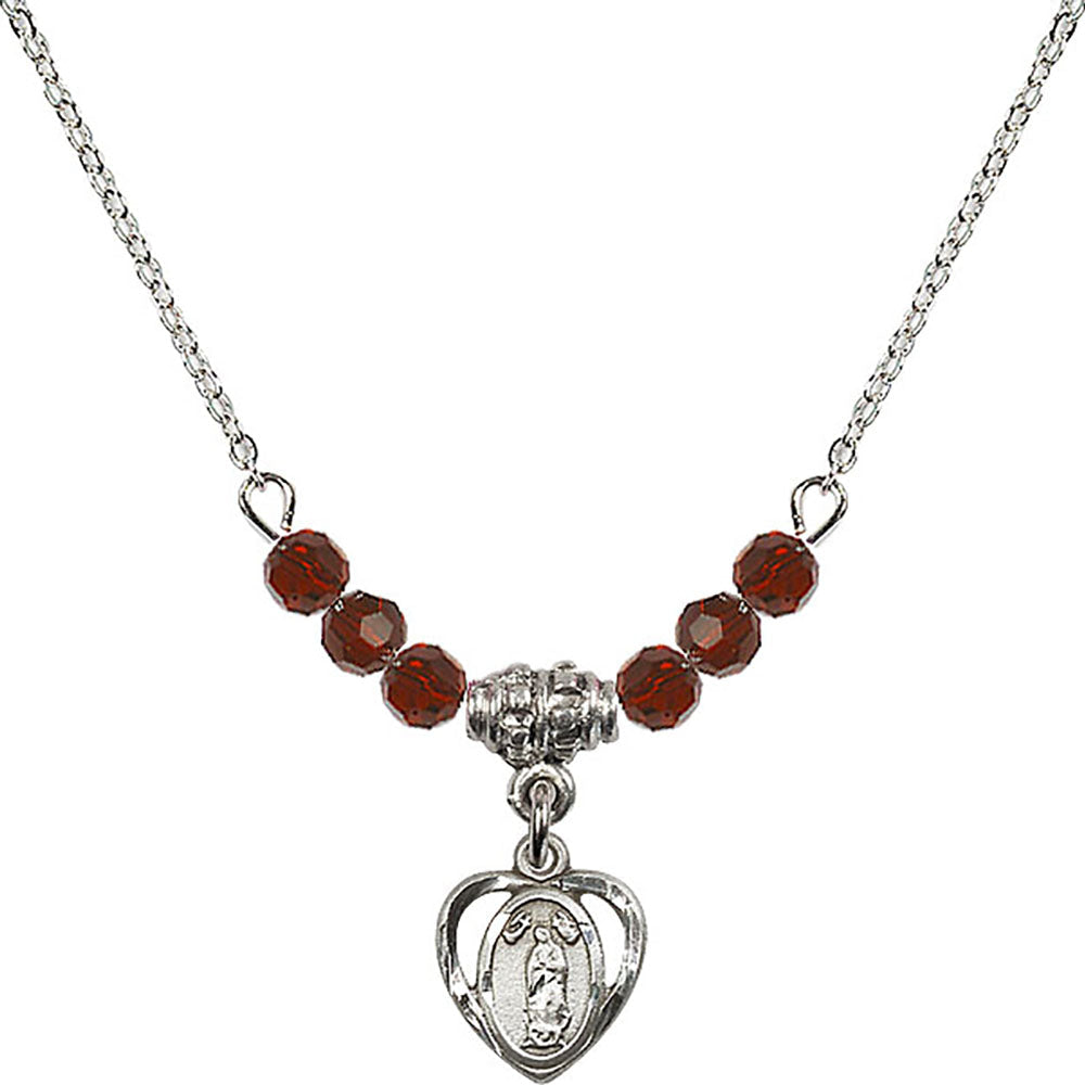 Sterling Silver Our Lady of Guadalupe Birthstone Necklace with Garnet Beads - 5422