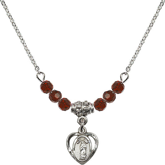 Sterling Silver Our Lady of Guadalupe Birthstone Necklace with Garnet Beads - 5422
