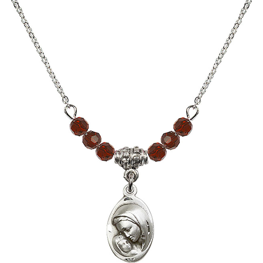 Sterling Silver Madonna & Child Birthstone Necklace with Garnet Beads - 5447