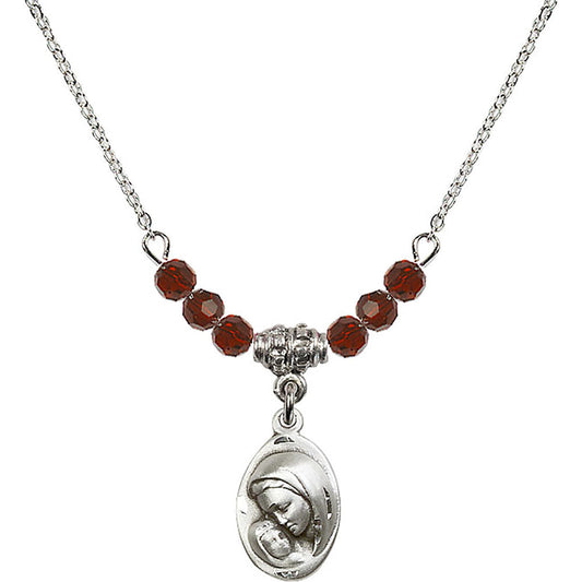 Sterling Silver Madonna & Child Birthstone Necklace with Garnet Beads - 5447