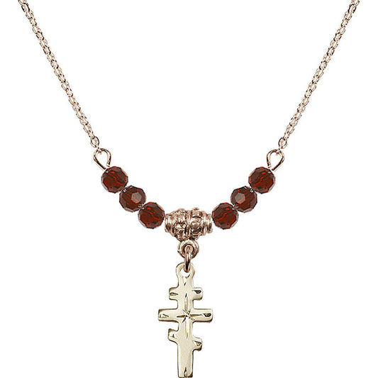 14kt Gold Filled Greek Orthadox Cross Birthstone Necklace with Garnet Beads - 5654