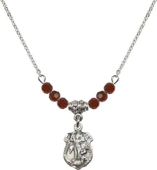 Sterling Silver Saint Michael the Archangel Birthstone Necklace with Garnet Beads - 5699