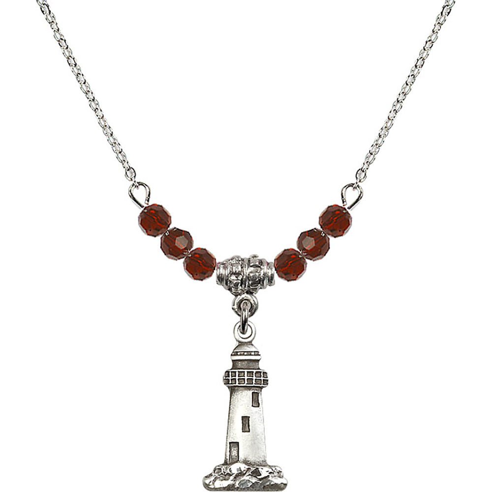 Sterling Silver Lighthouse Birthstone Necklace with Garnet Beads - 5922