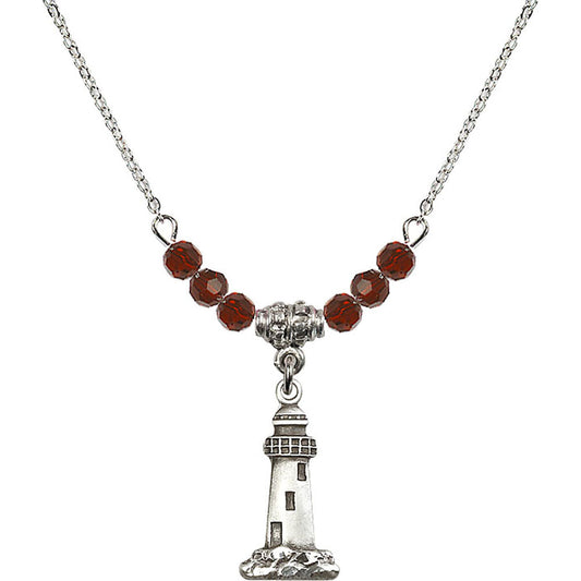 Sterling Silver Lighthouse Birthstone Necklace with Garnet Beads - 5922
