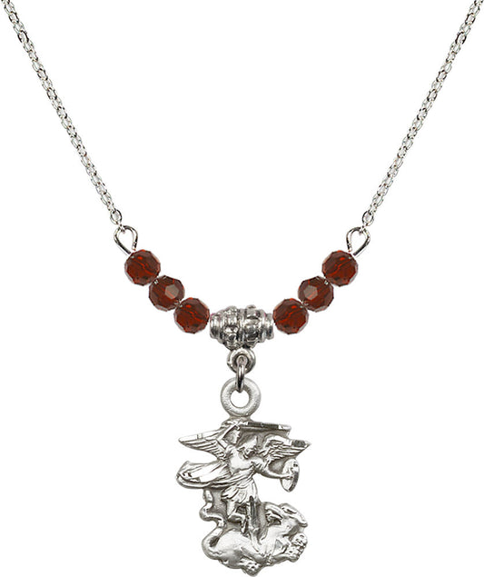 Sterling Silver Saint Michael the Archangel Birthstone Necklace with Garnet Beads - 5940