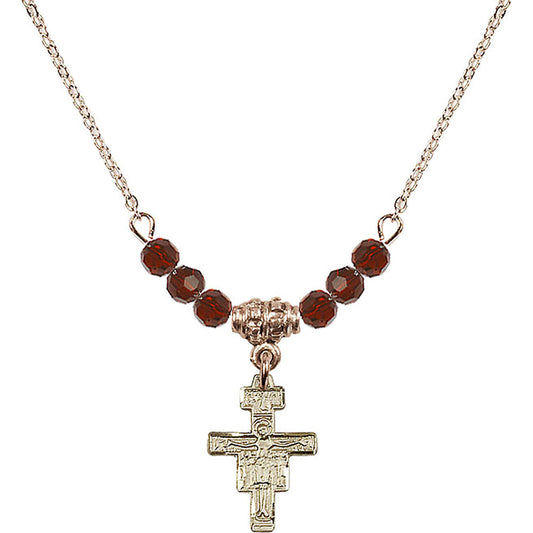 14kt Gold Filled San Damiano Crucifix Birthstone Necklace with Garnet Beads - 6078