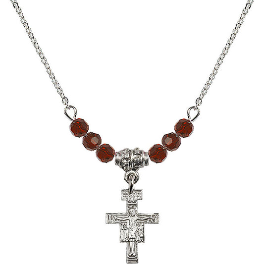 Sterling Silver San Damiano Crucifix Birthstone Necklace with Garnet Beads - 6078