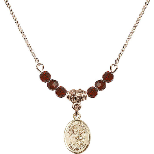 14kt Gold Filled Saint Anthony of Padua Birthstone Necklace with Garnet Beads - 9004