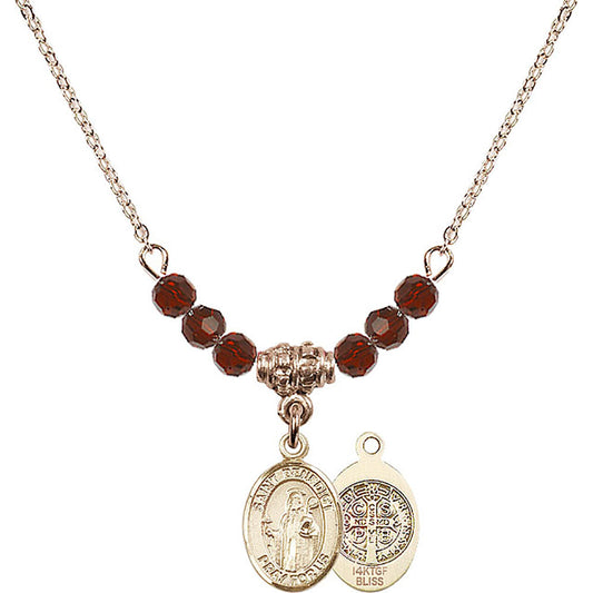 14kt Gold Filled Saint Benedict Birthstone Necklace with Garnet Beads - 9008