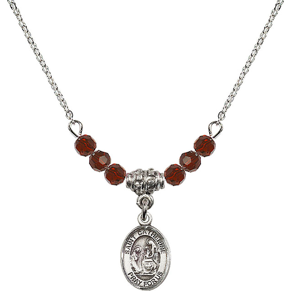 Sterling Silver Saint Catherine of Siena Birthstone Necklace with Garnet Beads - 9014