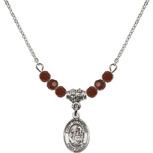 Sterling Silver Saint Catherine of Siena Birthstone Necklace with Garnet Beads - 9014