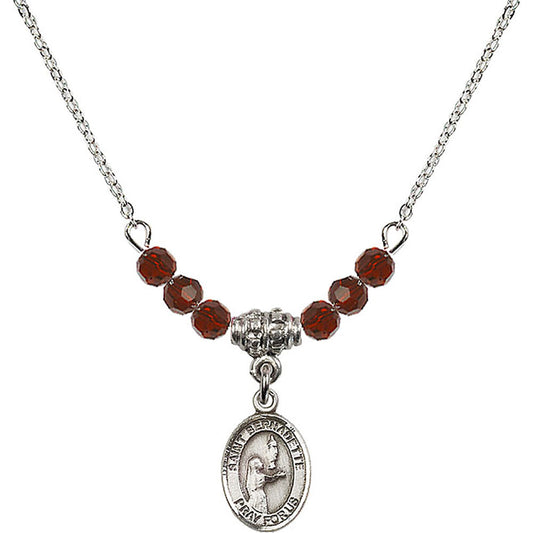 Sterling Silver Saint Bernadette Birthstone Necklace with Garnet Beads - 9017