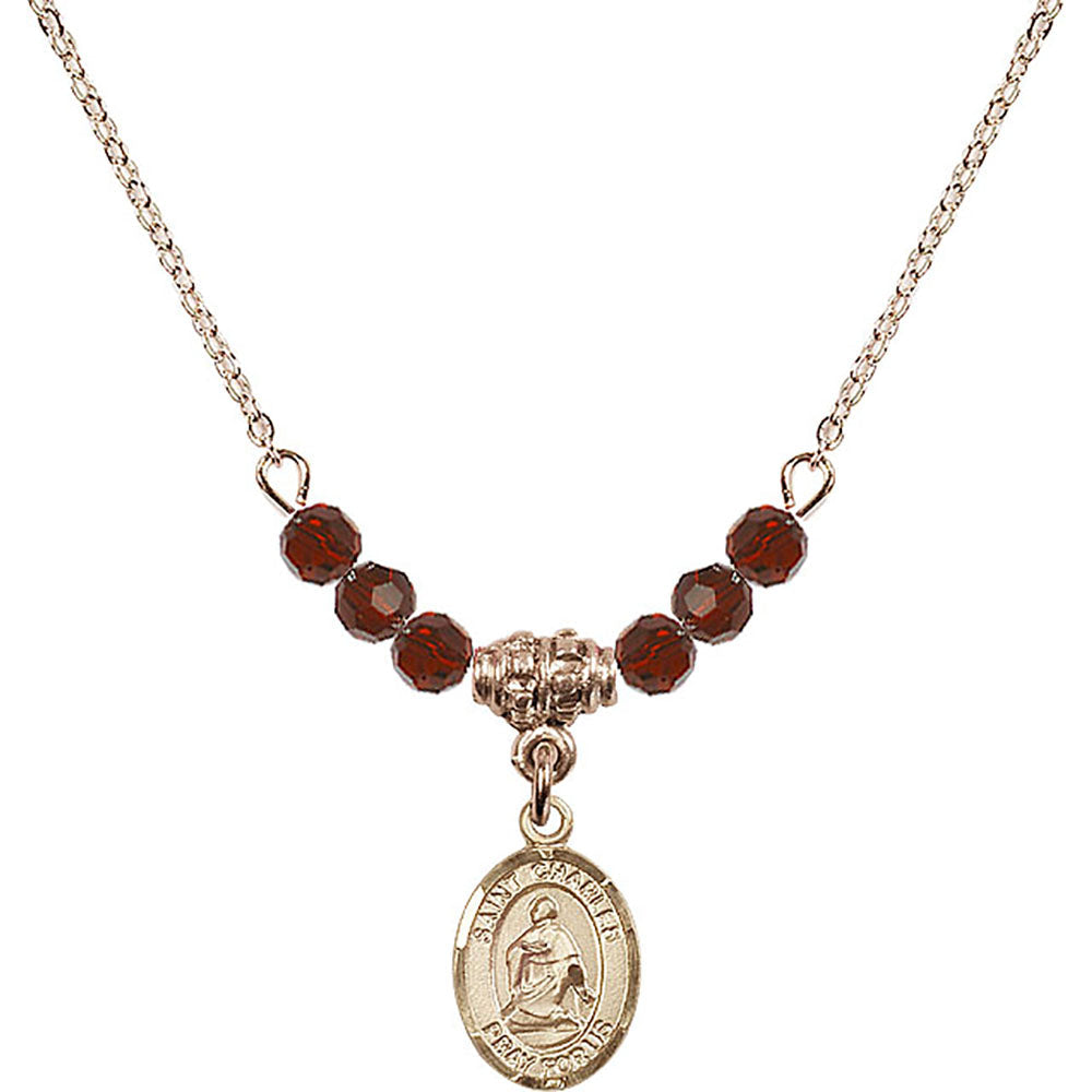 14kt Gold Filled Saint Charles Borromeo Birthstone Necklace with Garnet Beads - 9020