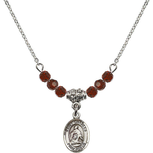 Sterling Silver Saint Charles Borromeo Birthstone Necklace with Garnet Beads - 9020