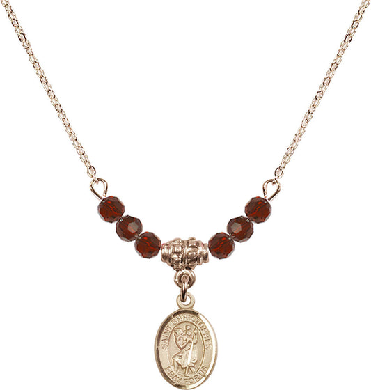 14kt Gold Filled Saint Christopher Birthstone Necklace with Garnet Beads - 9022