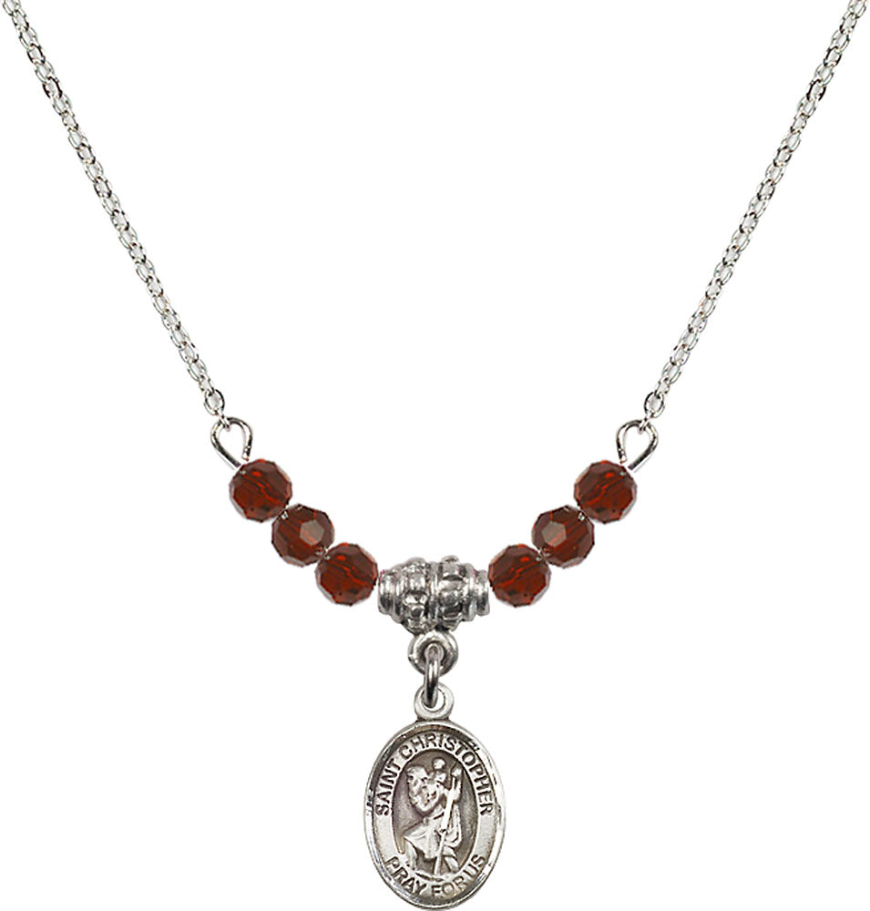 Sterling Silver Saint Christopher Birthstone Necklace with Garnet Beads - 9022